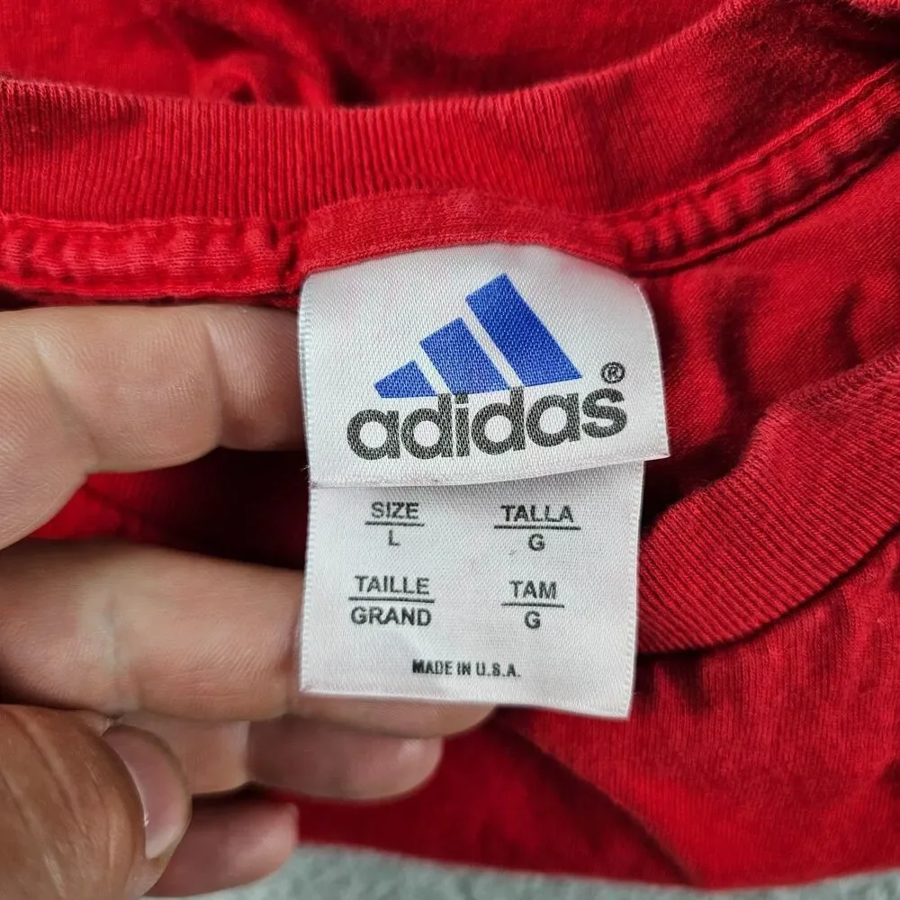 Vintage Adidas Shirt Mens Large Red USA Made Big Logo Graphic Faded 90s Y2K